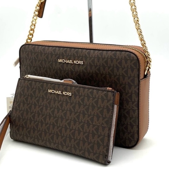 Michael Kors Large EW Crossbody Bag & Large Double Zip Wallet Brown - Picture 1 of 13